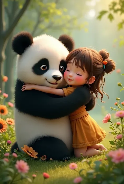 A girl brown teddy hug a boy panda express love with beautiful plants outdoor couples