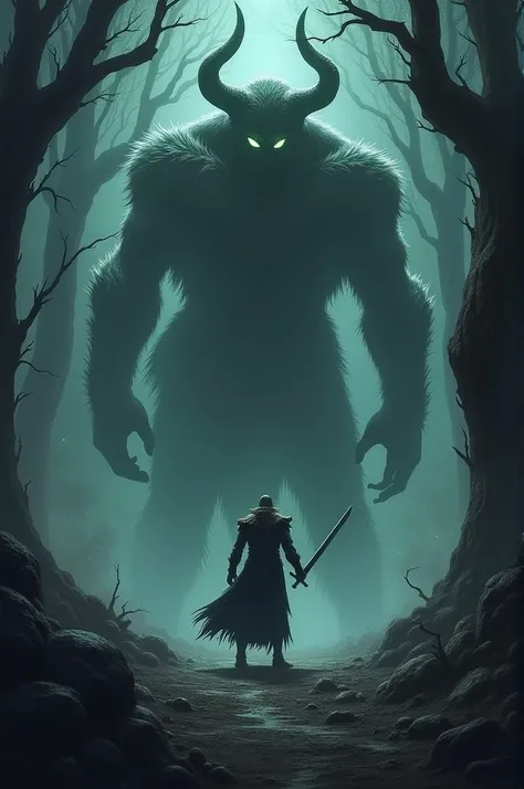 In a dense, shadowy forest near the castle, depict the intense moment where King Vikram faces the towering demon. The king is in full battle stance, his sword raised, while the demon looms over him, its eyes glowing menacingly. The forest is dark and eerie...