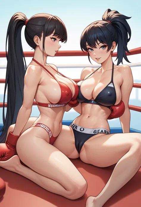 2 girls,（korean beautifull girl，18 years old,White long hair，Slim figure),（Japanese Girl,28 years old,Pretty Face,Slim figure,Black ponytail),Both girls are wearing bikinis.，They are all wearing black tights，Wearing boxing gloves，They were all barefoot，Sit...