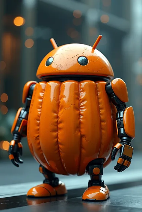 Create an image of the Android BugDroid mascot as if his body had the texture of an orange pumpkin., improve to make it more technological
