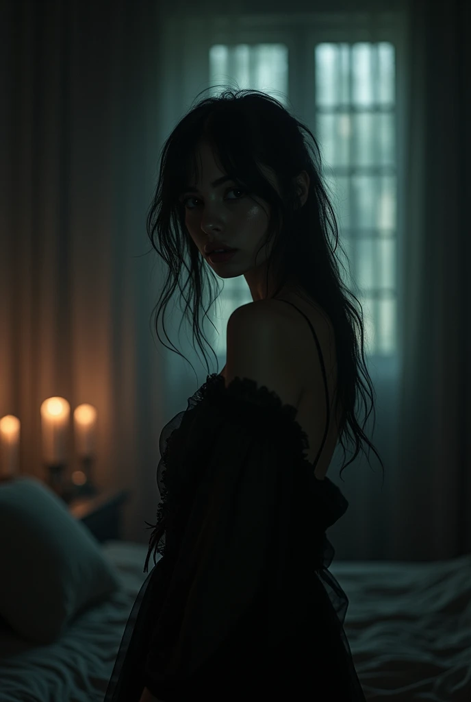 A Haunted hotel room,sexy girl,dark light,candles, horror window,night time