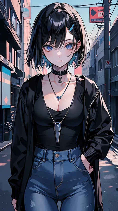 (best quality,very detailed,high resolution:1.2) Delicate Face Portrayal , woman with a perfect face , smile , Black bob , light blue eyes , Poor posture , Blue tube top , long jeans , black choker , An alleyway background at dusk