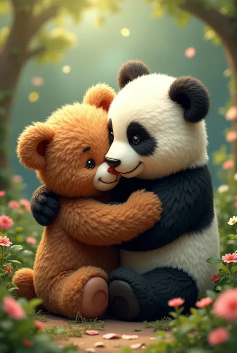 A brown teddy hug a big panda express love with beautiful plants outdoor couples