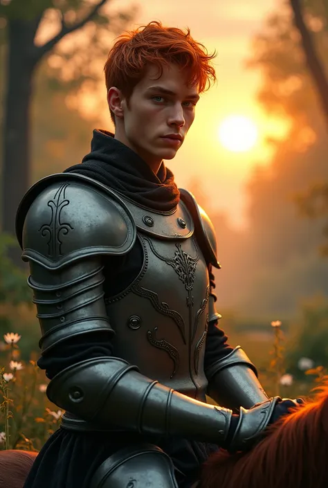 Photo réaliste Tres beau jeune homme charmant regard et tête angelique cheveux roux court yeux bleu perçant lèvres roses et brillante en armure sur un cheval avec des fleurs dans une forêts  avec du soleil couchant 