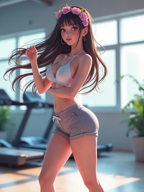 A pretty girl, 1 girl, doing aerobic exercises, in a morden exercise room,  wearing beautiful casual clothes, curve body, pretty eyes, niji anime version, fantasy, pretty face, long hair, flowers headband, highest quality, 8k