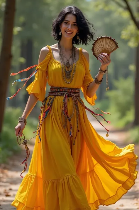 road gypsy in a yellow dress and big skirt and tambourine with colorful ribbons, in her hand throwing coins to help people, she blows cinnamon on people for luck, smiling with short wavy hair, she is light brunette with black hair, with eyeliner eyes, smal...