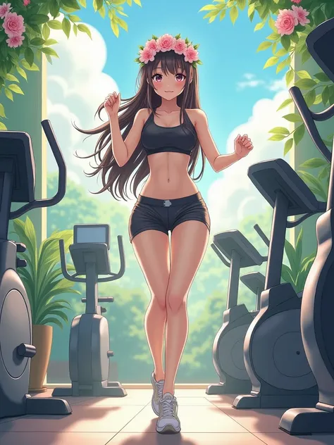 A pretty girl, 1 girl, doing exercises, in a morden exercise room,  wearing beautiful casual clothes, pretty eyes, niji anime version, fantasy, pretty face, long hair, flowers headband, highest quality, 8k