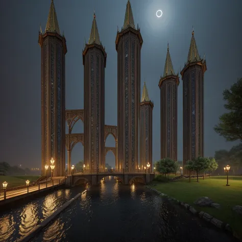 Two towers with a bridge connecting them on a rainy RPG night 