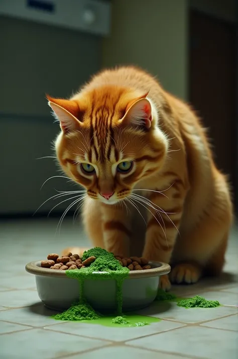 Ek ginger cat jo cat food cat food bowl me kha rhi h usme green color ka poison mila h