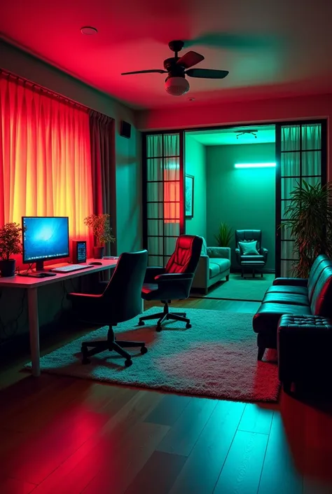 A YouTube streaming table with LEDs light and two chairs having two microphone,a camera setup computer and in the other side of the room podcasts sofa with dark green background LED lights, camera setup two sofa 