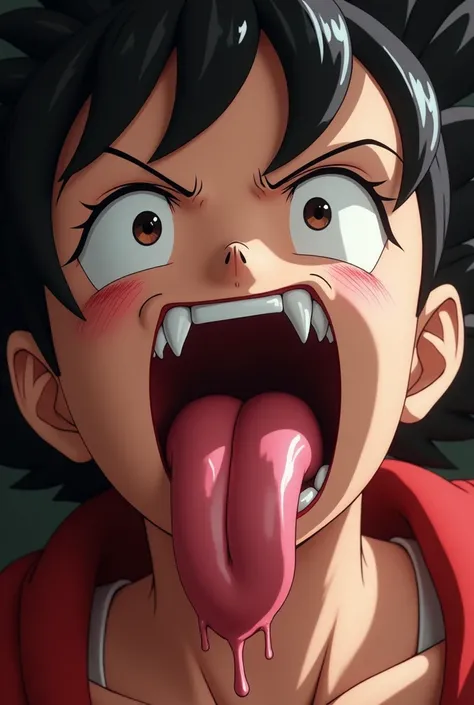 ((Masterpiece)) (best quality) Videl (Dragon Ball Z artstyle) (Buu Saga version) opens her mouth wide showing you her uvula and super thick slimy and very meaty Tongue with a sensual expression on her face