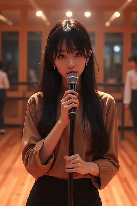 Korean girl with black hair with bangs, singing a song with a microphone in her hand, in a dance studio