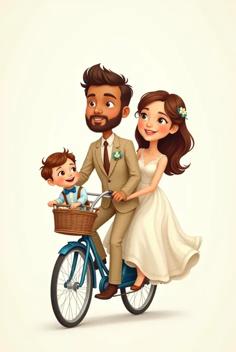 Imagine a cartoon drawing with an aged effect, with soft colors. The newlywed couple, ride on a vintage blue two-seater bicycle. The man is cinnamon skin, Without beard, delgado, with beige suit, He wears a brown tie. The woman, with a white wedding dress ...