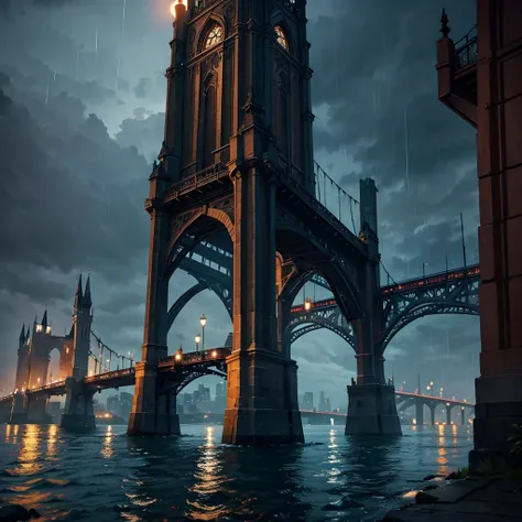 Two towers with a bridge connecting them on a rainy night