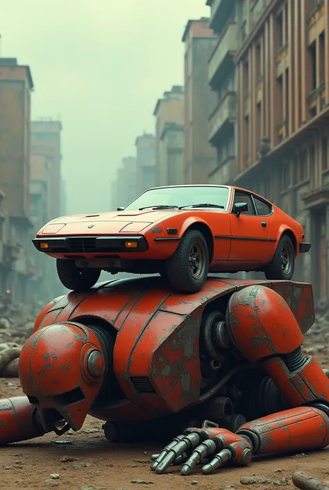 An 80s Japanese car on top of a fallen robot on the ground