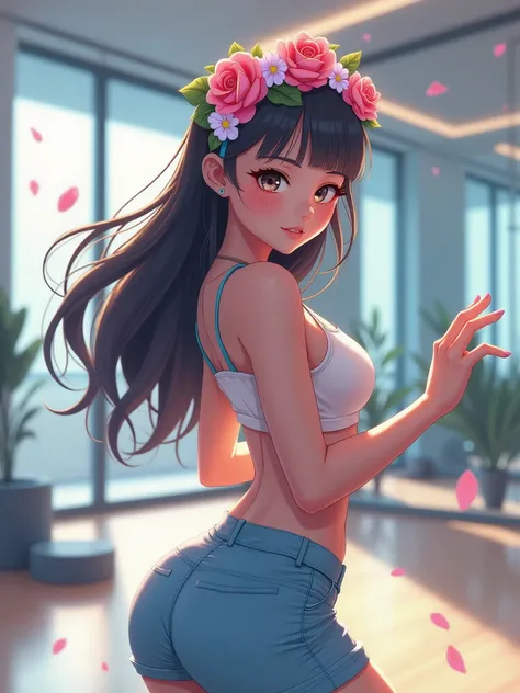 A pretty girl, 1 girl, doing aerobic exercises, in a morden exercise room,  wearing beautiful casual clothes, curve body, pretty eyes, niji anime version, fantasy, pretty face, long hair, flowers headband, highest quality, 8k,