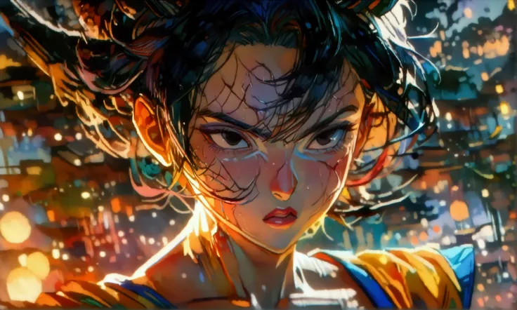 Girl, messy big black hair, black eye, vegeta outfit, angry expression, ((Intricate anime character design inspired by Dragon Ball)), ((stunning lighting)), ((fine lines)), ((stunning focus)), ((stunning face)), ((detailed focus)), ((detailed background)),...