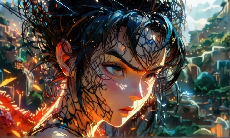 Girl, messy big black hair, black eye, vegeta outfit, angry expression, ((Intricate anime character design inspired by Dragon Ball)), ((stunning lighting)), ((fine lines)), ((stunning focus)), ((stunning face)), ((detailed focus)), ((detailed background)),...