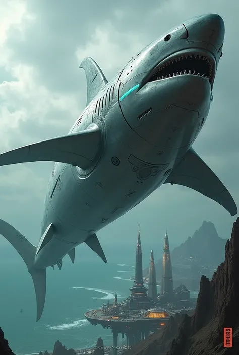 2500 ft long metalic robotical monster megadolon shark flying above the methane oceans flying floating city Frakao 