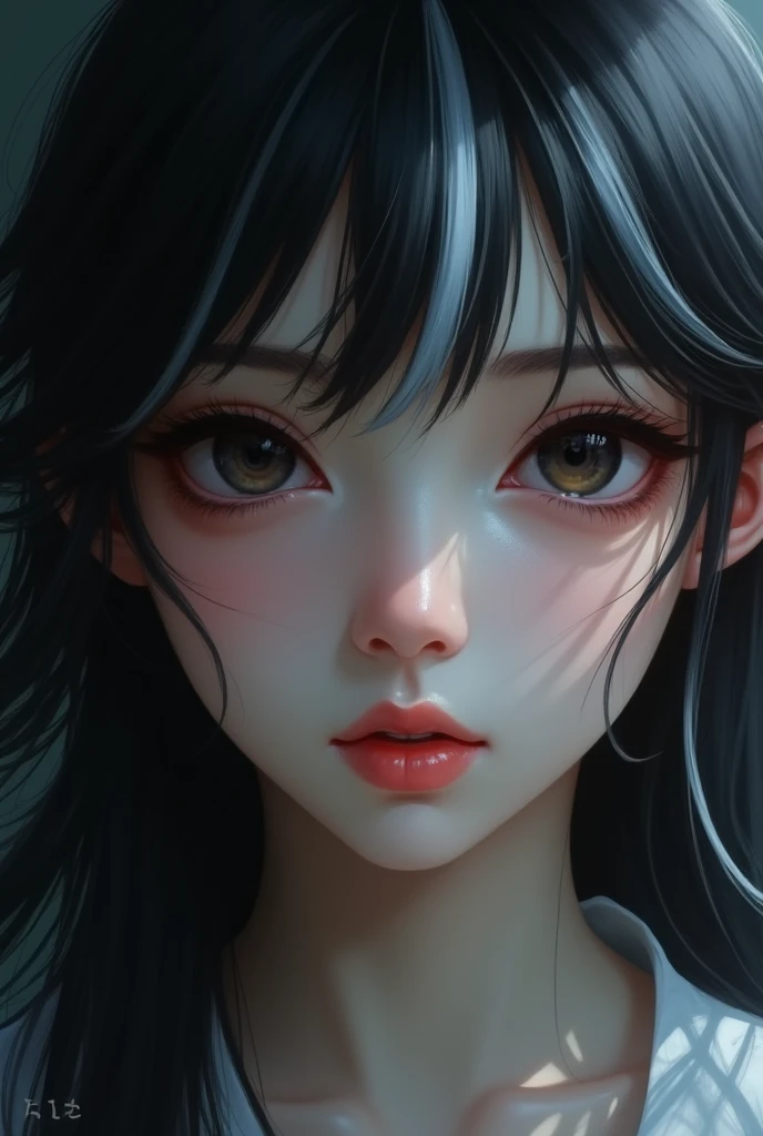 A dark haired girl with white streaks in the back, dark eyes also with large eyelashes highlighting them, very clear skin as if it were angelic, features on her face were beautiful, her mouth had a unique and perfect shape, her nose was as if it had been m...