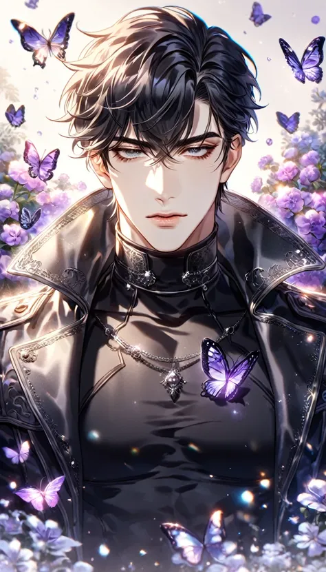 (absurdres, highres, ultra detailed, HDR) master piece, best quality, extremely detailed, delicated features, Yoo Joonghyuk, black hair, expressive gray eyes, Omniscient Readers Viewpoint, solo, sexy man, handsome, sensual, black coat, black tight turtlene...