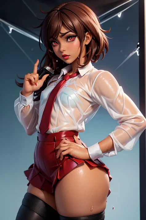 ((anime boy)), ((crossdresser)), (((1boy)))), (((solo))), ((((alone)))) medium dark brown hair, red eyes, ((((brown skin)))), wide hips, narrow waist, thick thighs, standing in a office, ((flat chest)), short skirt, visible bulge, closed shirt, red tie, ((...