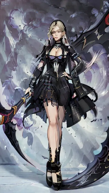 (masterpiece,ultra-detailed,best quality:1.5) (scythe, holding_scythe:1.4),(crescent moon scythe,Round-shaped blades:1.2),down,black dress,full body,darkness, (Iggy Azalea, cleavage), 