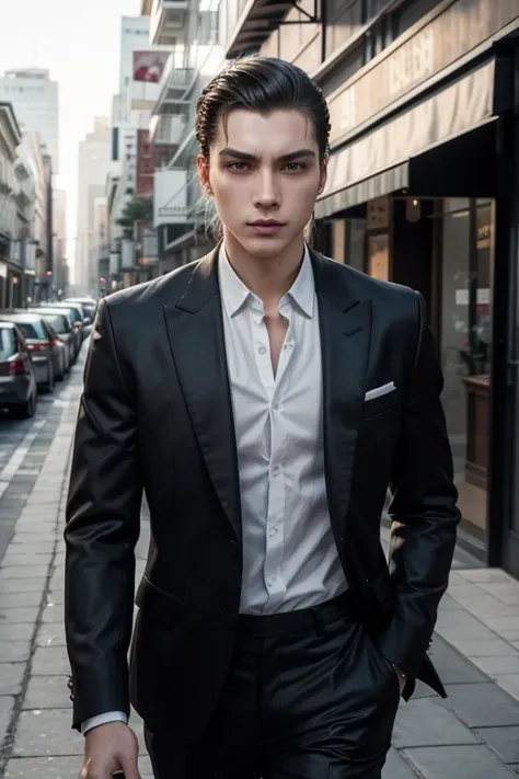 a young man of about 25, hair slicked back, wearing expensive clothes, walking along expensive streets