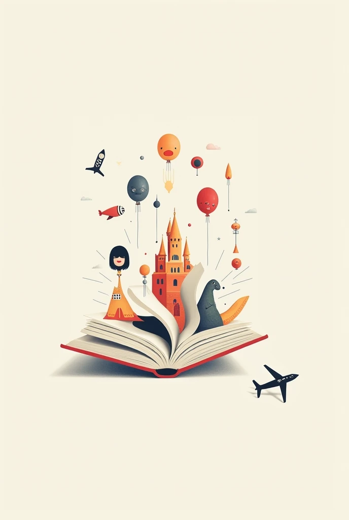 A minimalist image, with the drawing of an open book with images of a princess, castle, Spaceman, balloons, rocket ship, dinosaur, dollface, plane coming out of the book