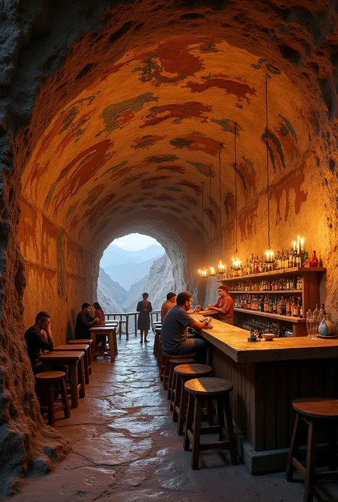 Generate an image of a rustic bar decorated with Bolivian cave paintings.