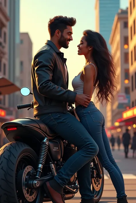 A young black man leaning on his motorcycle and flirting with a very pretty young girl 