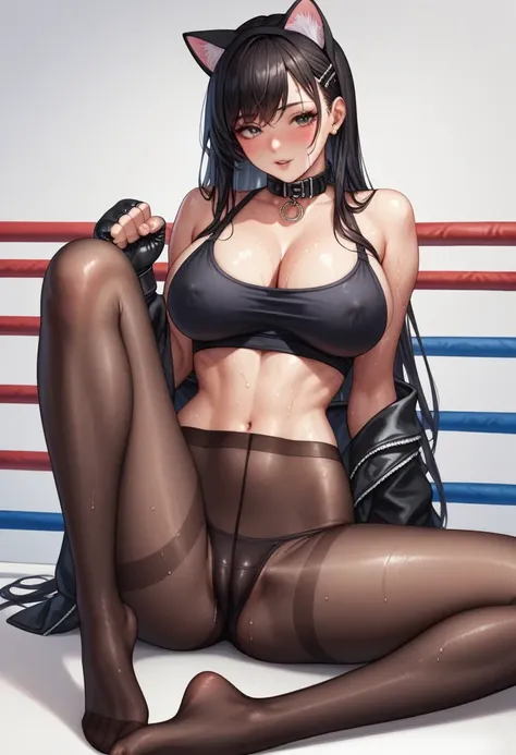 korean beautifull girl，18 years old,Pretty Face，Slim figure，detailed picture, Seductive expression， blush，White long hair, Only a black cloth wrapped around his body，Soaked，Wear black pantyhose，No shoes, Wearing black fingerless boxing gloves，Black sleeves...