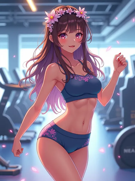 A pretty girl, 1 girl, doing aerobic exercises, in a morden exercise room,  wearing a beautiful short and an exercise top,  curve body, pretty eyes, niji anime version, fantasy, pretty face, long hair, flowers headband, highest quality, 8k,