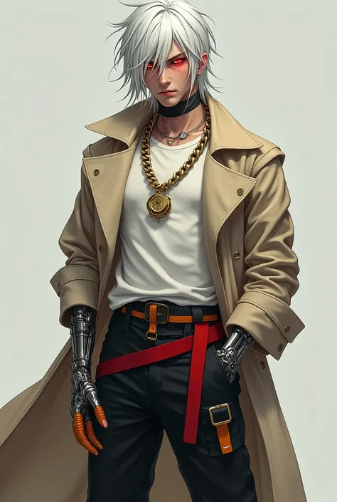 Create an image of a young man with white hair, a bit long and messy, the left eye closed with a cut scar and the right one red, wearing a beige overcoat, wearing a gold chain necklace with a watch at the end and a basic white shirt, metal arms, black pant...