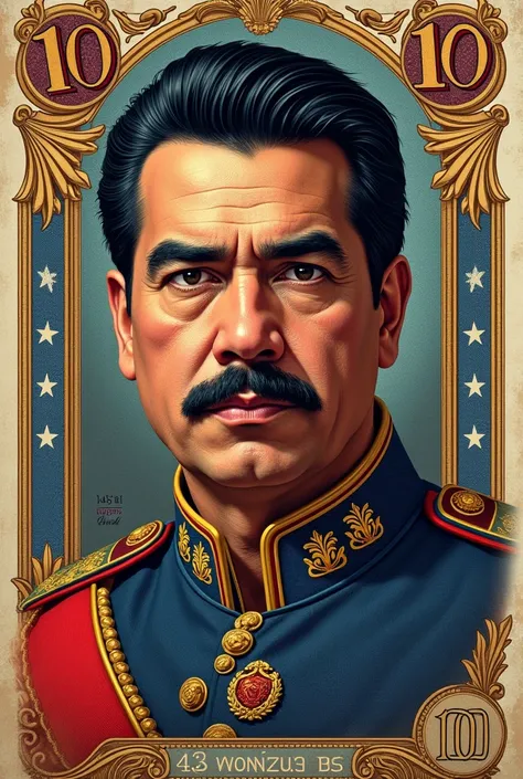 detailed portrait of Nicolas Maduro, Venezuelan 100 bolivar banknote, highly realistic, photorealistic, 8k, masterpiece, digital art, intricate details, gold trim, engraved texture, dramatic lighting, authoritative expression, presidential attire, realisti...