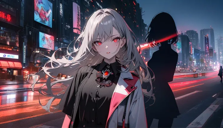 Modern city, night street, girl and her shadow, shadow is the demon in the girls mind, tense lens, body of the photo is big city background, bright and fresh photo, beautiful abstract big city and teenage girl character in it. Gray hair color, red glowing ...