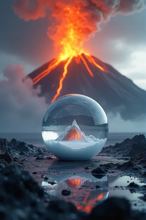 Active lava mountain with a snow in a 6 cm radius resin ball,ultra realistic