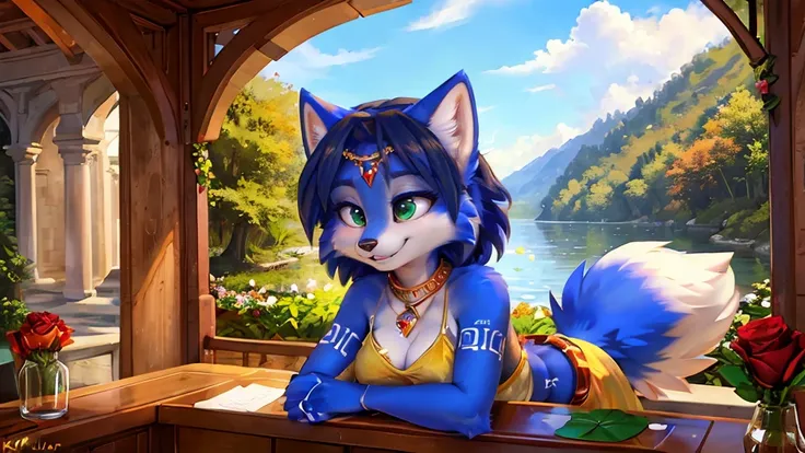 A beautiful and detailed (sweet picture) wa ((krystal)), Star Fox Krystal, sslim, lovable, green eyes, medium breasts, (((Long blue hair 1.3))),  ((Tips for black hair)), Decollete, grin, look up,, anthro, furry, Uploaded E621, detailed fluffy fur, (wa Flu...