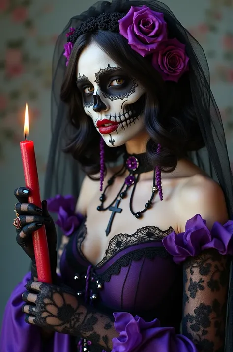 WOMAN ENTITY CALLED SKULL ROSE, WITH THE HUMAN FACE OF A BEAUTIFUL WOMAN WITH RED LIPSTICK AND HALF OF A SKULLS FACE, SHE HAS SHORT WAVY HAIR, WITH MANY COLORED AND PURPLE ROSES IN HER HAIR AND HAS A VEIL THAT COVERS HER BLACK LACE ROSE, SHE WEARS A PURPLE...