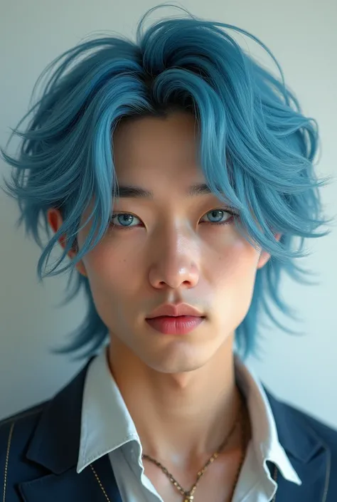 highest quality, 8k, hdr, (head to toe:1.4), Realistic, Human Man, early twenties in age, Russian Asian mixed heritage, sea blue hair with long thick platinum streaks,