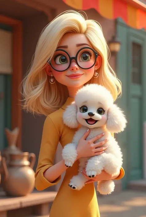 A 35-year-old Pixar-style woman with blonde, medium-length, standing hair, wearing a long dress and cat-eye glasses, holding a white poodle in her arms.