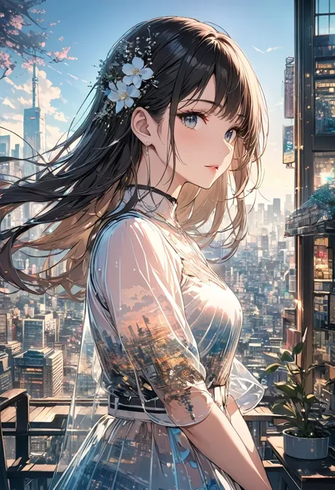 double exposure of a beautiful and delicate lady(face clear and perfect)image，the backdrop is a hyper-detailed tokyo city perfec...