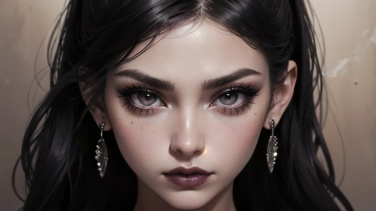 face close up, Glamour photography of a random stylish Gothic girl, nervous mood, dark, mask, eyeliner, dark cheeks, Unique face piercings with artistic jewelry, round eyes, dimple, smoky eye makeup, defined jawline, Hautporen, shiny skin, grainy, harsh fl...