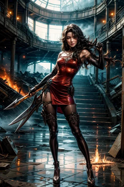 (masterpiece, best quality:1.2), cowboy shot, solo, 1girl, cinder fall, looking at viewer, long hair, red dress, elbow gloves, pantyhose, dynamic pose, standing holding flames, inside ancient wrecked stadium, burst water pipe, rubble, bonfires,  crowd, wit...