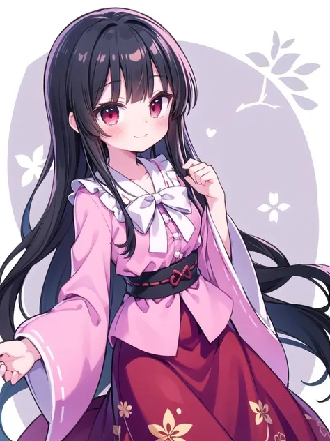 1girl, masterpiece, best quality, perfect hands, blush, smile, closed mouth, houraisan kaguya, black hair, long hair, very long hair, red eyes, skirt, long dress, red skirt, wide sleeves, jeweled branch of hourai, pink shirt, white neck ribbon, blunt bangs