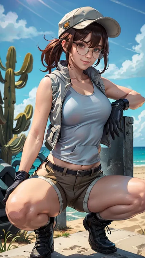 fio germi, shades, dark hair, twin ponytail, hat, hoodie vest, white tanktop, gloves, shorts, boots, kneepads, looking at viewer, serious, smirk, squatting, spreading legs, showing pussy line ,outside, ocean, holding a knife, cactus, blue sky, extreme deta...