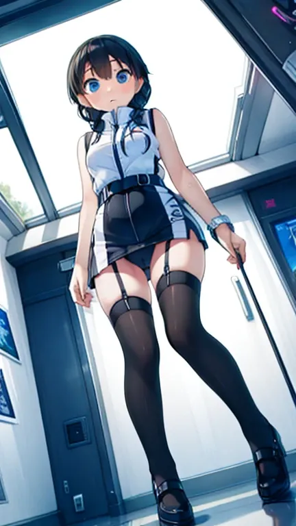 (Highest quality), (masterpiece), 1080P, High resolution, 4K, 8k, Inside the space station、Futuristic room、Thigh straps, Shooting from directly below, The woman on top of me, 白いSweat, Covered , Sweat, Woman looking down, Skirt swimsuit, Thigh-high socks, T...