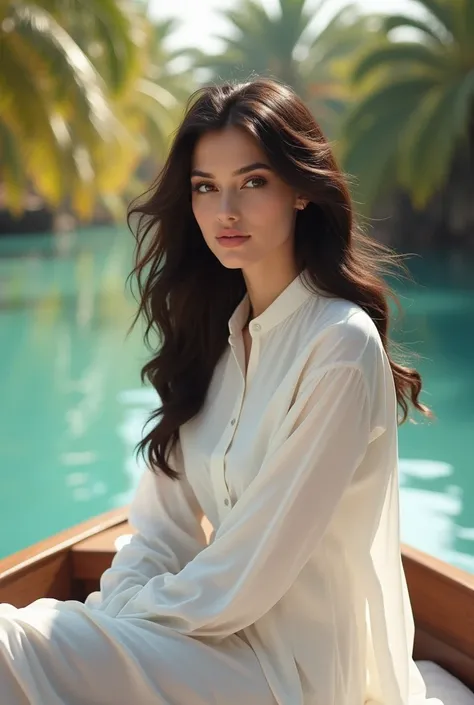 a wanna a realistic picture of human girl who is exact  replica of ayeza khan having dimples and fair skin wearing paint and white full shirt with neck she is in boat in palm jumaira dubai ,she is wear white shoes 