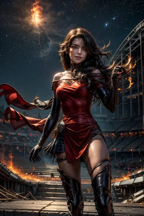 (masterpiece, best quality:1.2), cowboy shot, solo, 1girl, cinder fall, looking at viewer, long hair, red dress, elbow gloves, pantyhose, dynamic pose, standing holding flames, inside stadium, crowd, night, stars, evil smile, post-apocalypse, dystopian fut...