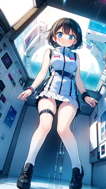 (Highest quality), (masterpiece), 1080P, High resolution, 4K, 8k, Inside the space station、Futuristic room、Thigh straps, Shooting from directly below, The woman on top of me, 白いSweat, Covered , Sweat, Woman looking down, Skirt swimsuit, Thigh-high socks, T...